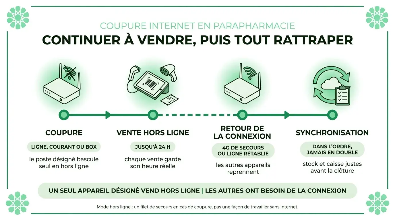 Chronologie d'une coupure internet en parapharmacie : coupure, vente hors ligne, retour de la connexion, synchronisation