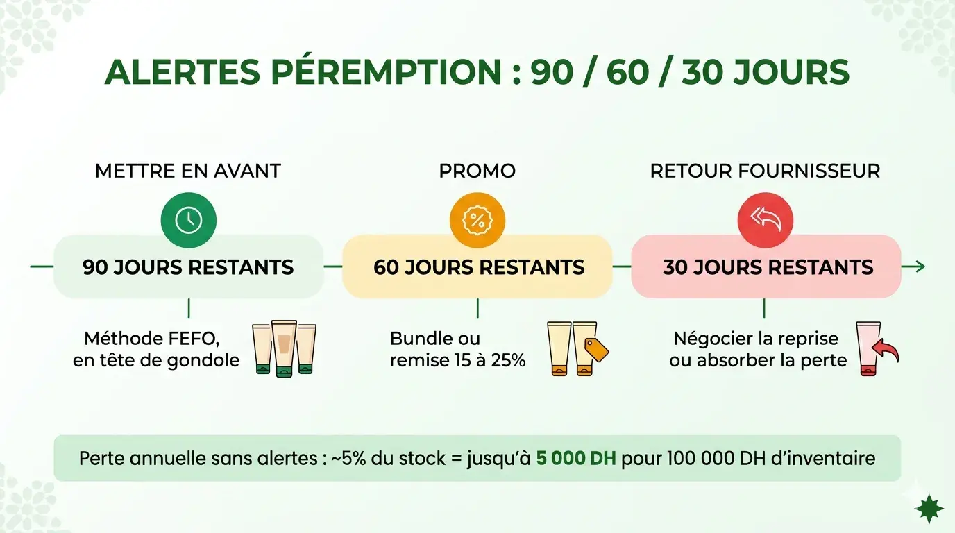 Calendrier d'alertes péremption à 90, 60 et 30 jours