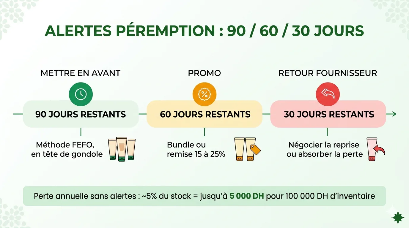 Calendrier d'alertes péremption à 90, 60 et 30 jours